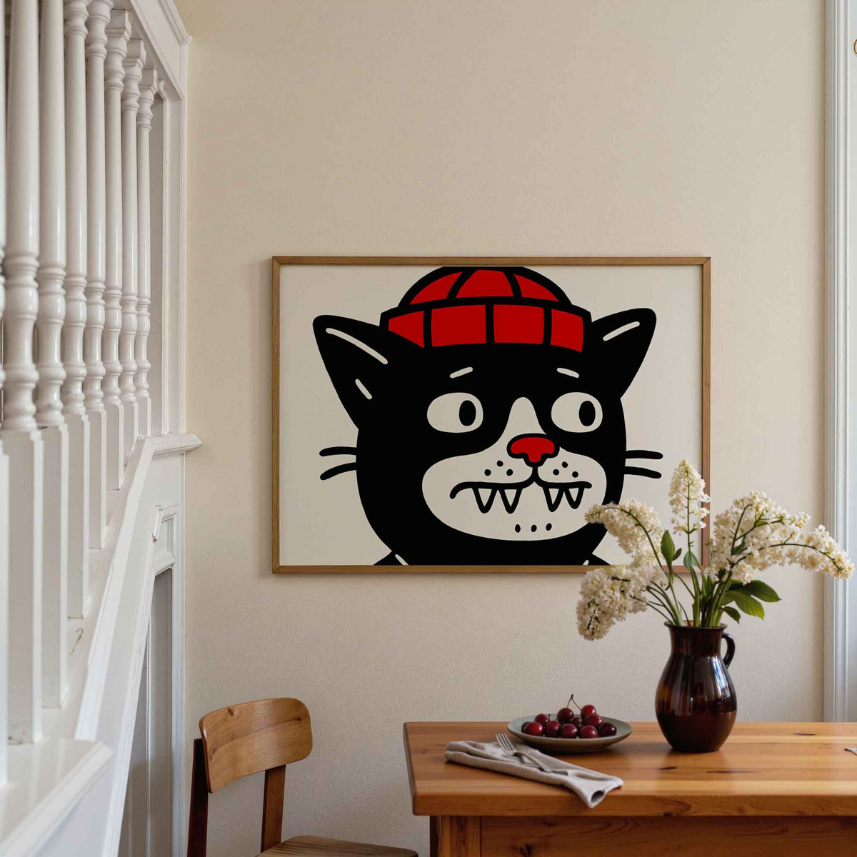 Kat met rode muts – moderne poster in liggend formaat