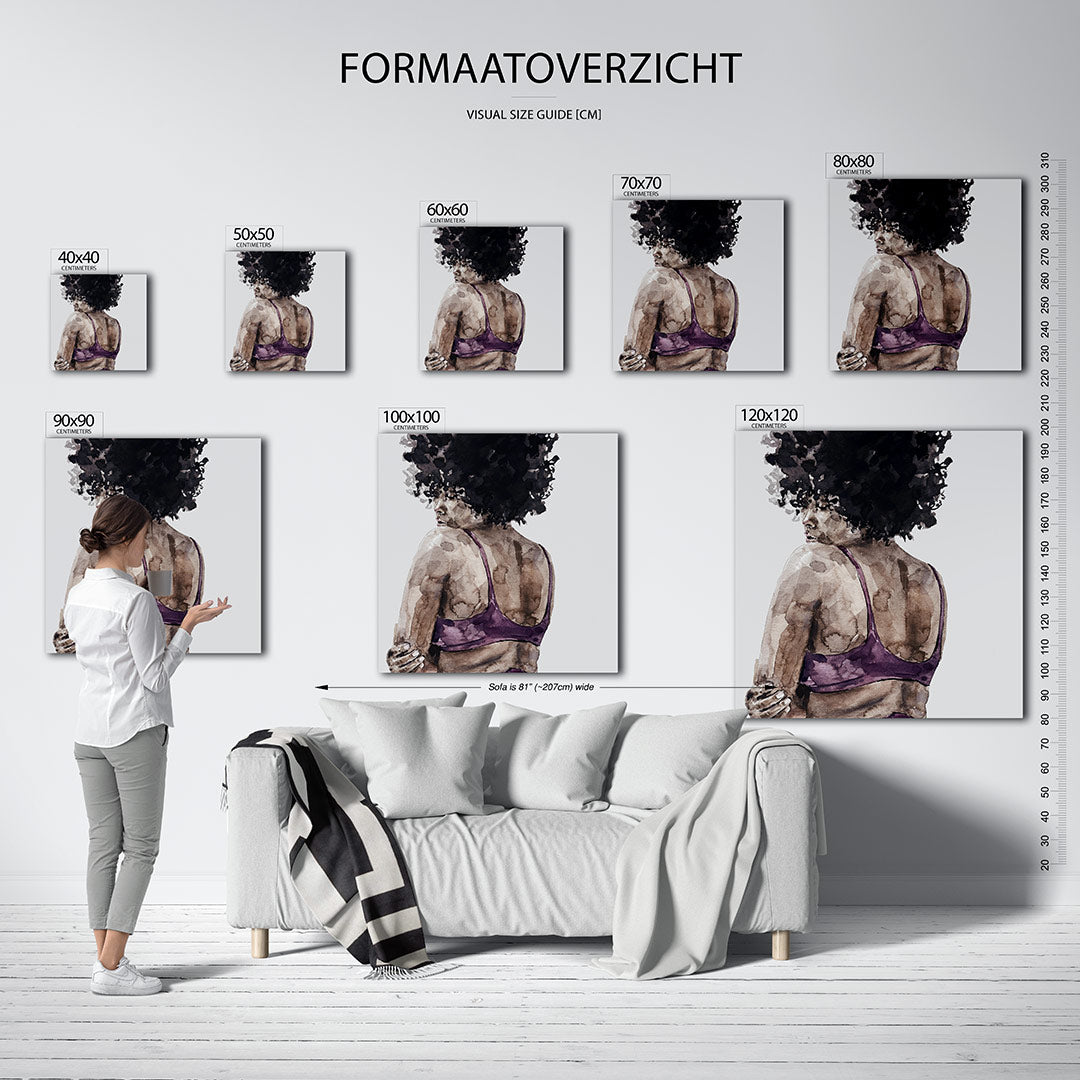 Vrouwelijke silhouet kunstwerk – sfeerbeeld – dit kunstwerk toont een vrouw van achteren, met een focus op haar natuurlijke