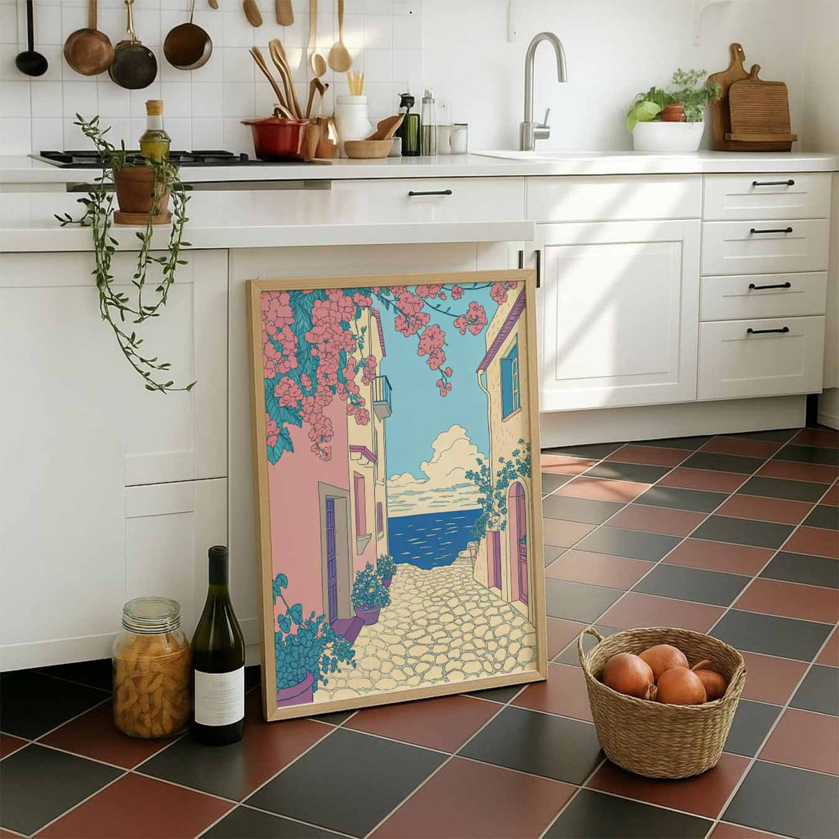 Romantische Straat aan Zee – staande muurposter met zomerse uitstraling