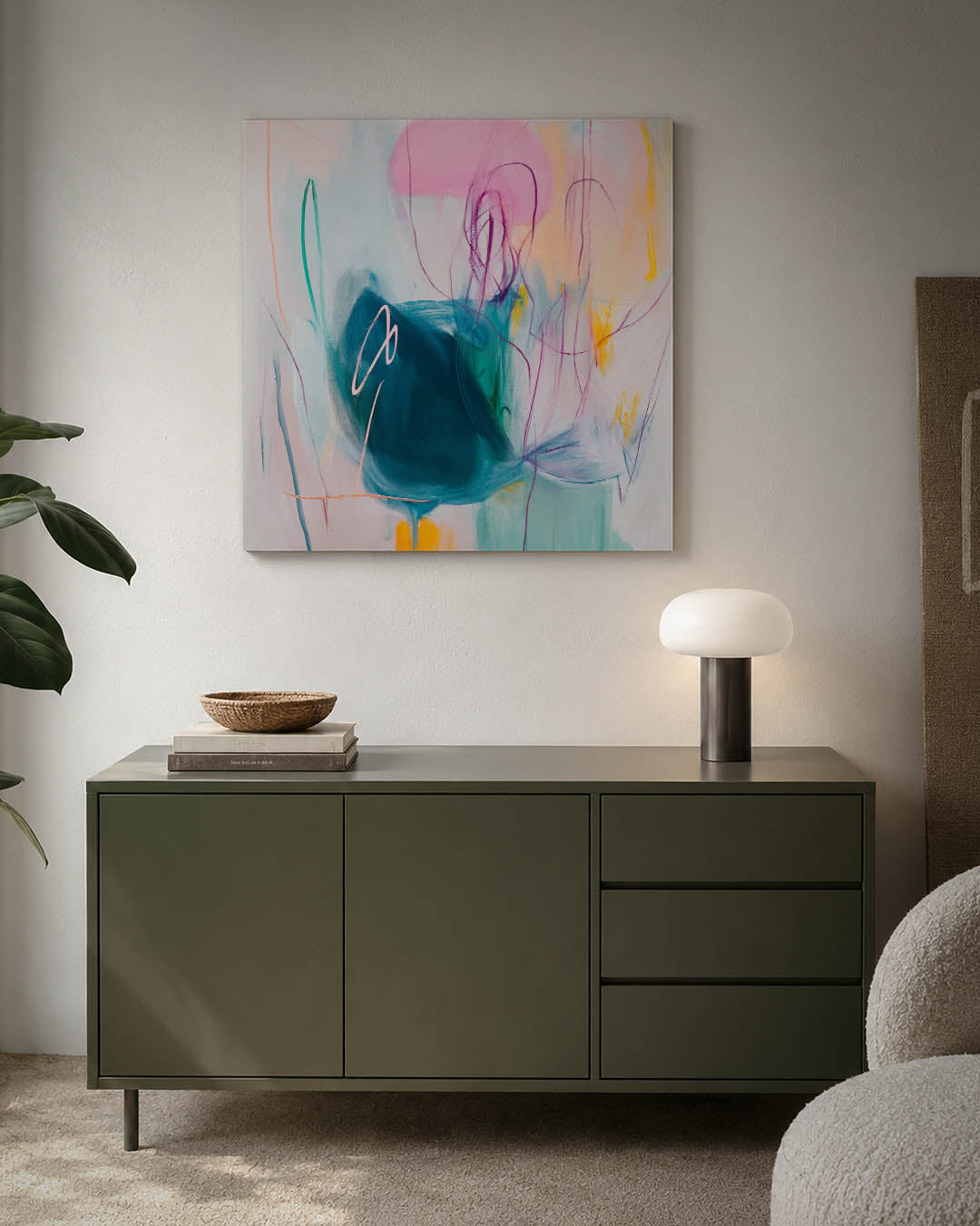 Dynamische kleurenexplosie kunstwerk – detailweergave – dit werk toont een levendige mix van vloeiende lijnen en vormen in