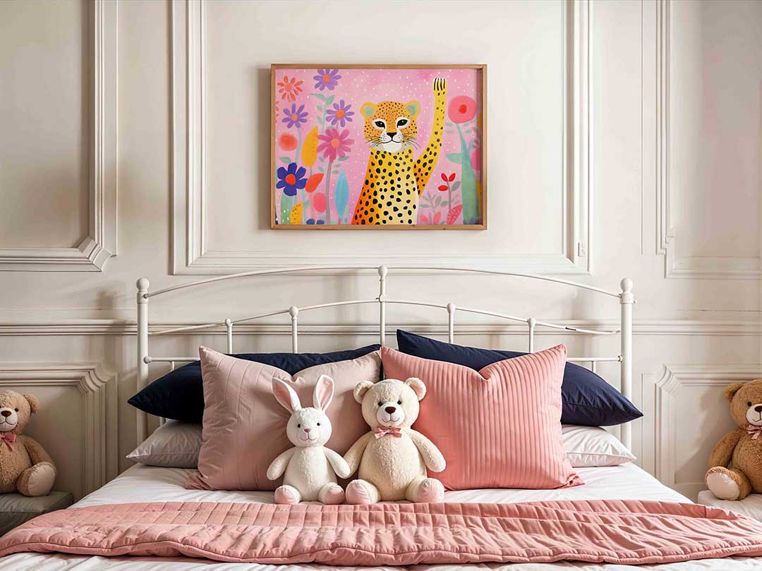 Luipaard en bloemen – kids poster in liggend formaat