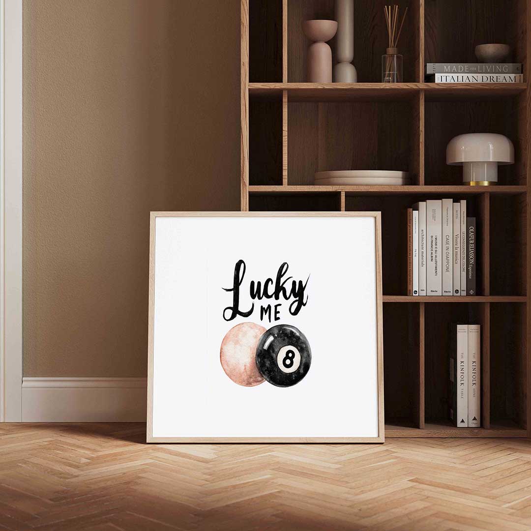 Lucky me biljartbal – kleurrijke Pop Art poster in vierkant formaat