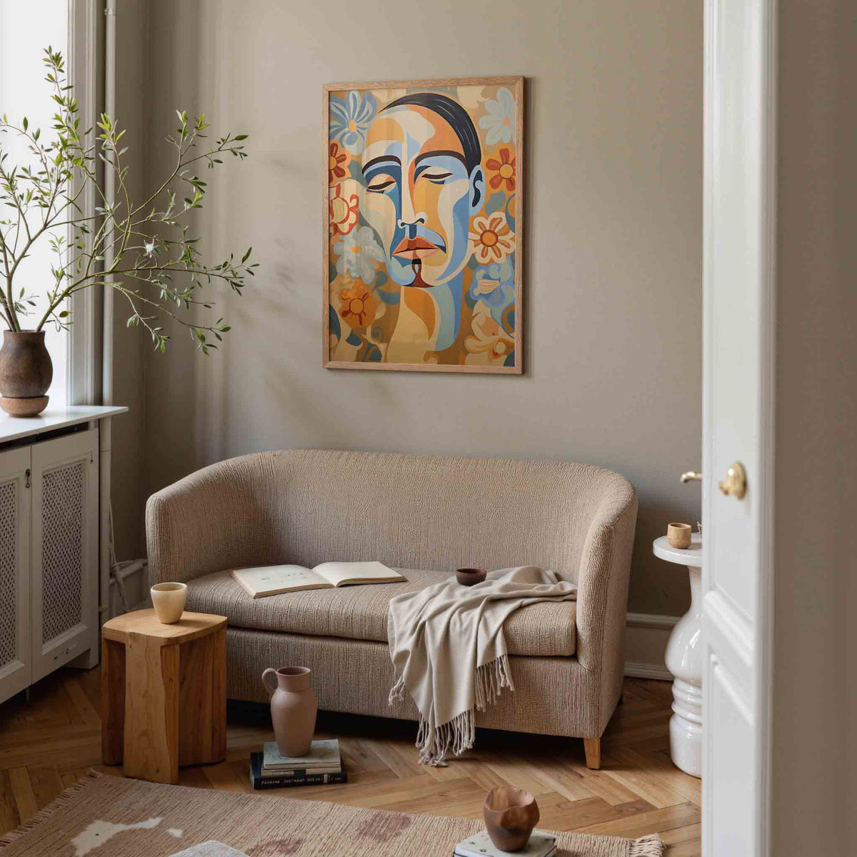 Abstracte gezichten en bloemen – botanische poster in staand formaat