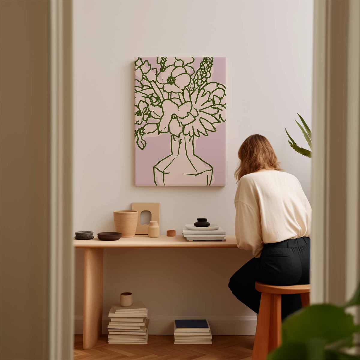 Bloemenpracht in Lijnkunst – kunstwerk met zwarte baklijst