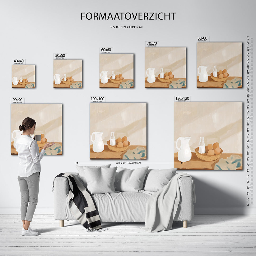 Rustige keukenscène kunstwerk – materiaalweergave – dit kunstwerk toont een compositie van een kan, fles en mand met eieren