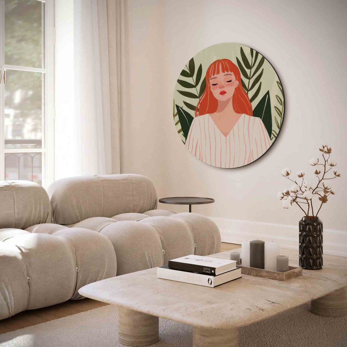Vrouw met rode haren – muurcirkel met abstracte texturen voor aan de muur