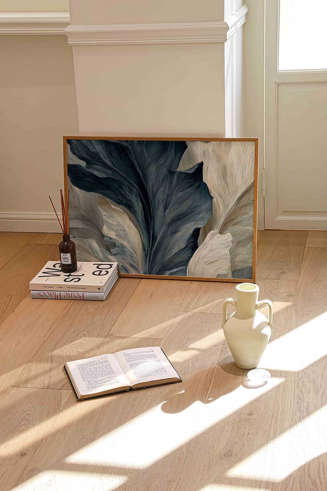 Bladeren in blauw en beige – liggende abstracte wanddecoratie van WallArtistic