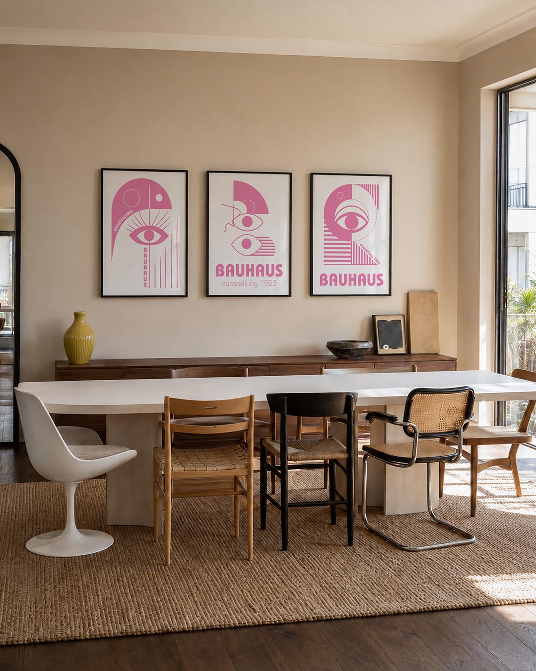 Oog en lijnen driedelige posterset – deze posterset in drie delen toont een speelse combinatie van een oogvorm met strakke