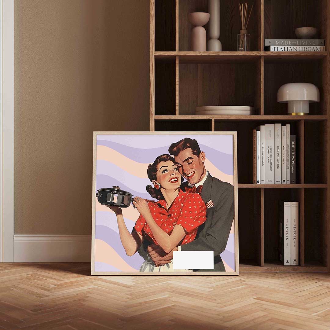 Retro koppel met pan – kleurrijke Pop Art poster in vierkant formaat