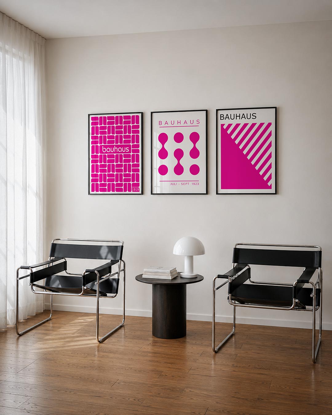 Patroon en ritme posterset – tweede productweergave – deze posterset in drie delen toont een levendig spel van roze vormen op