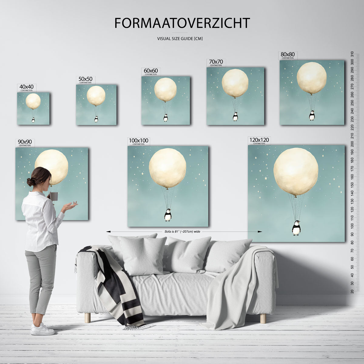 Pinguïn met ballon – vierkante muurposter voor de kinderkamer