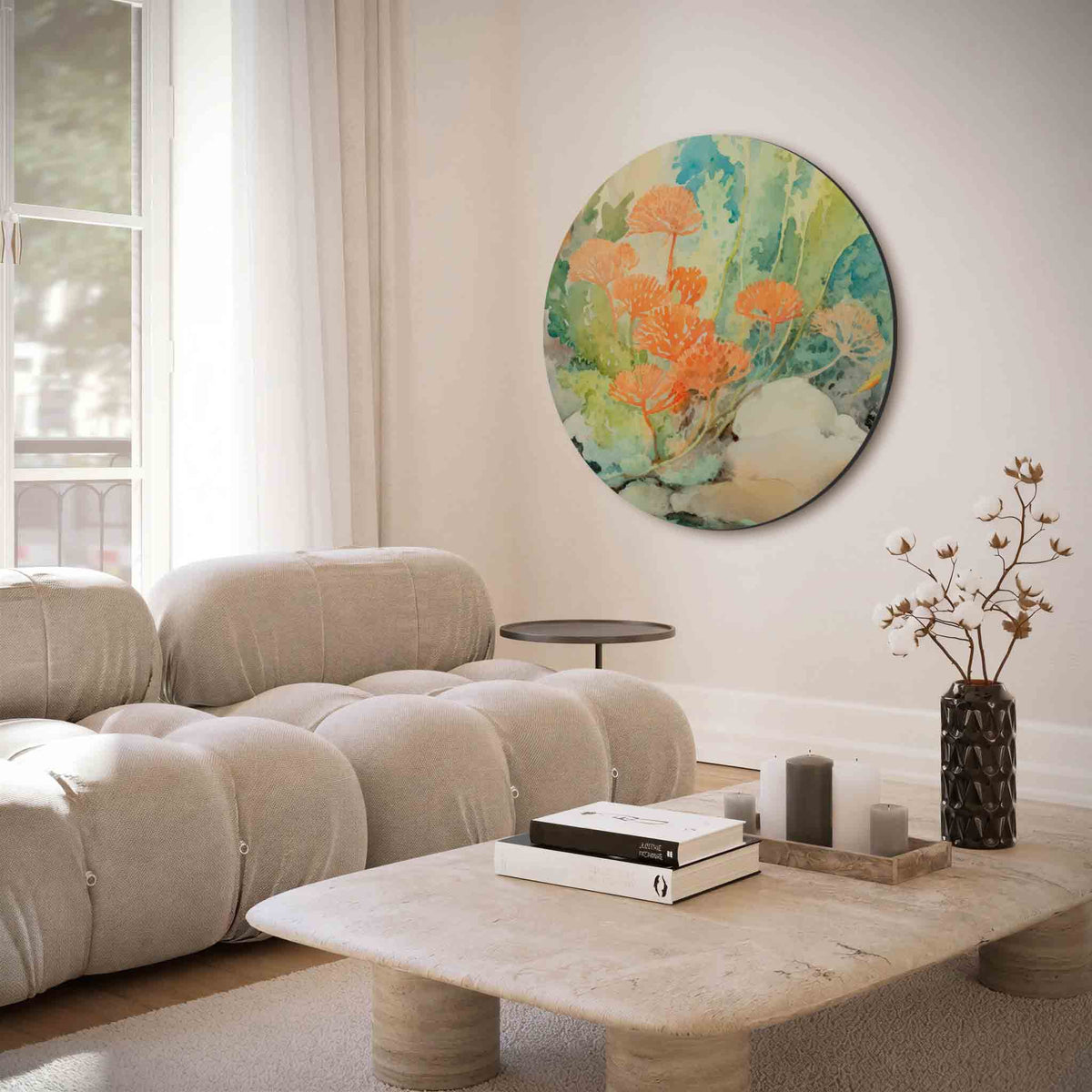 Oranje bloemen – muurcirkel met abstracte texturen voor aan de muur