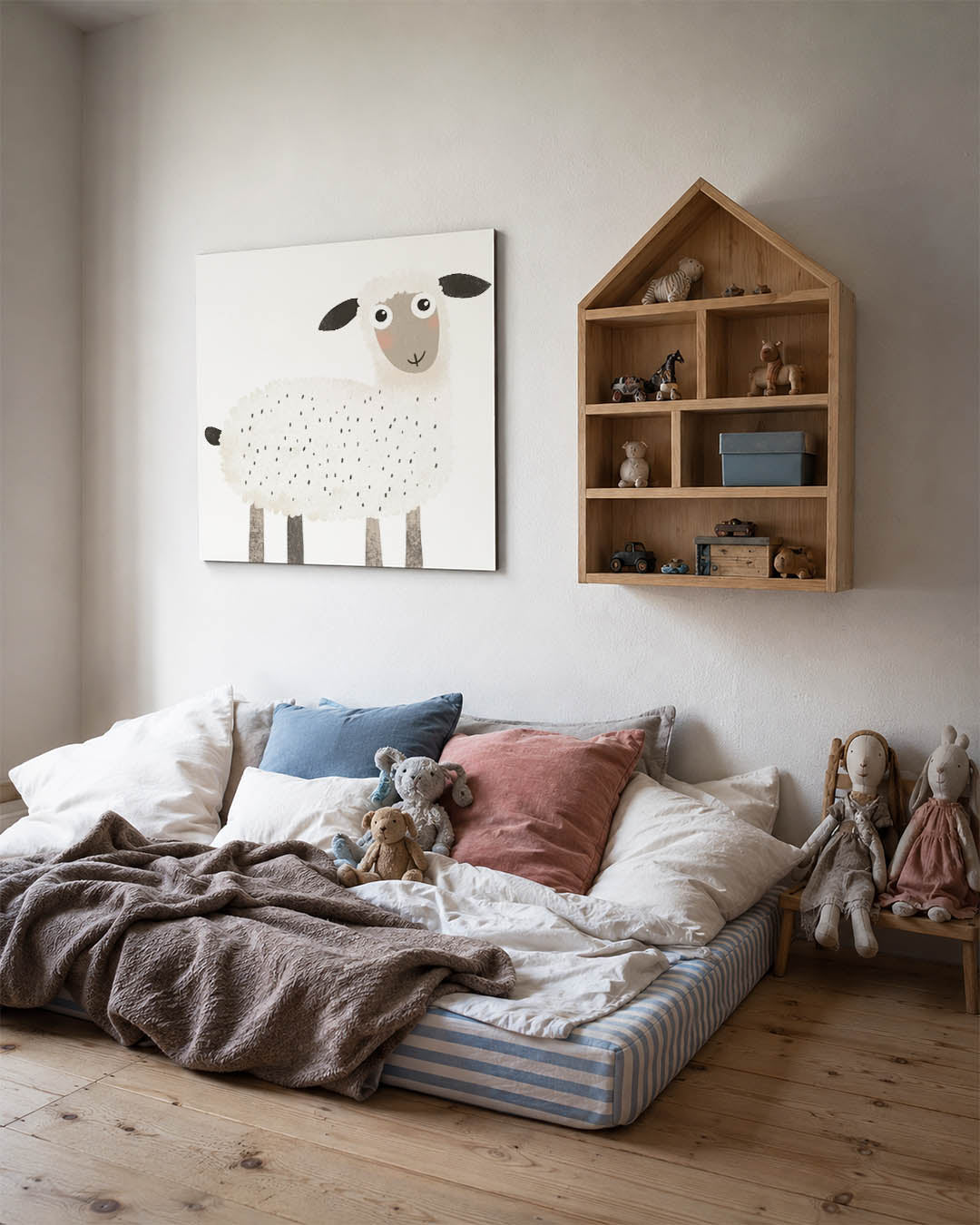 Vrolijk schaap kunstwerk – derde productweergave – dit kunstwerk toont een schattig schaap met een speelse uitstraling. De