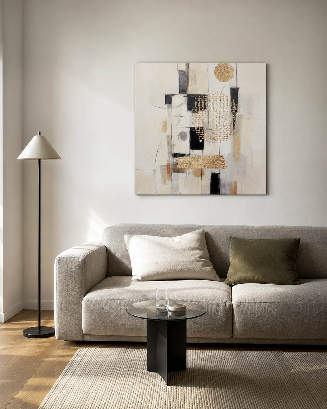 Geometrische compositie kunstwerk – vierkante wanddecoratie – dit werk toont een dynamische mix van geometrische vormen en