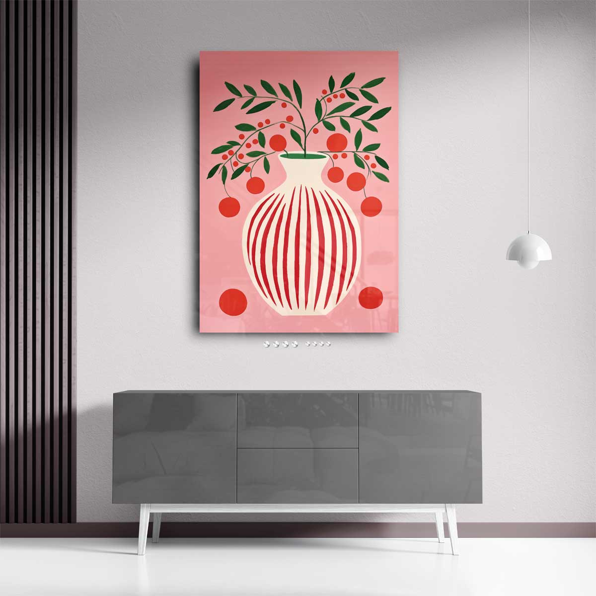 Speels Stilleven met Vaas en Bessen – plexiglas wanddecoratie in portret formaat