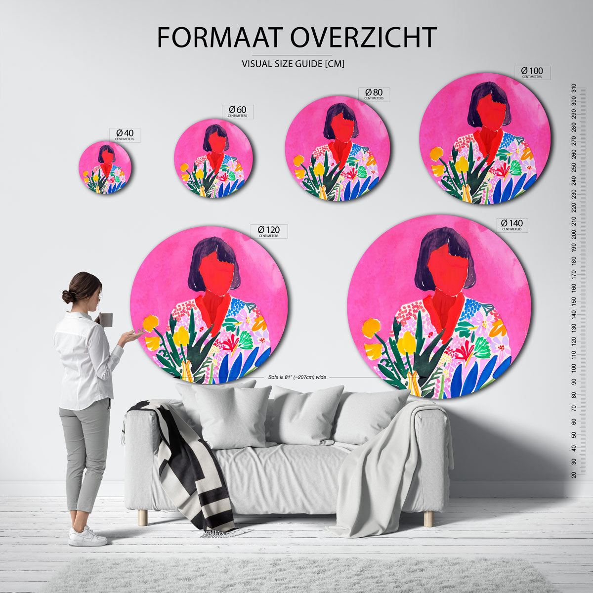 Vrouw met bloemen – abstracte wandkunst met textuur als muurcirkel