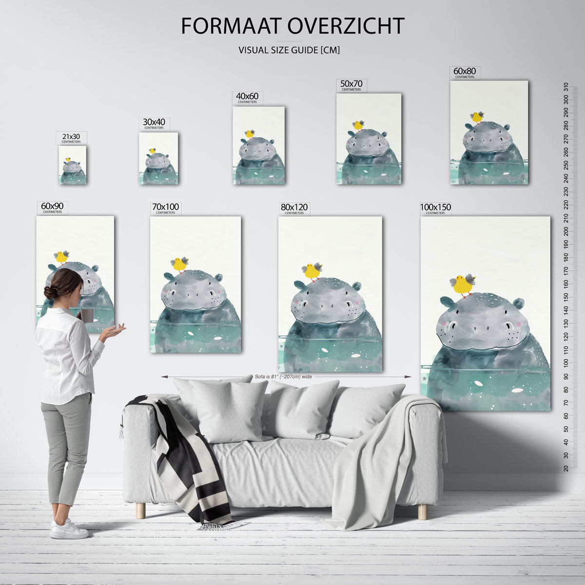 Nijlpaard met vogel – staande muurposter voor de kinderkamer