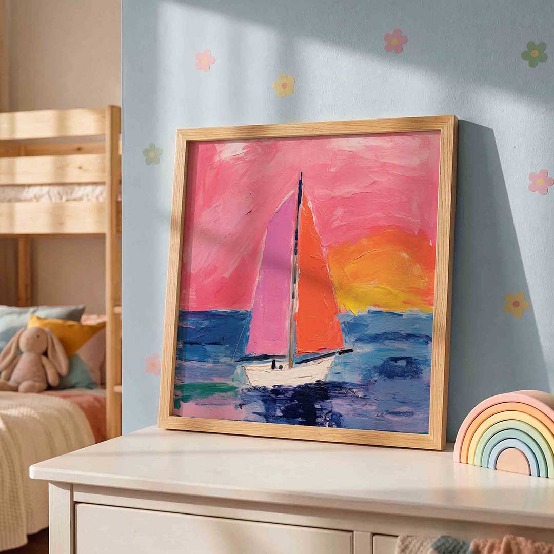 Zeilboot en zonsondergang – speelse wandkunst als vierkante kinderposter