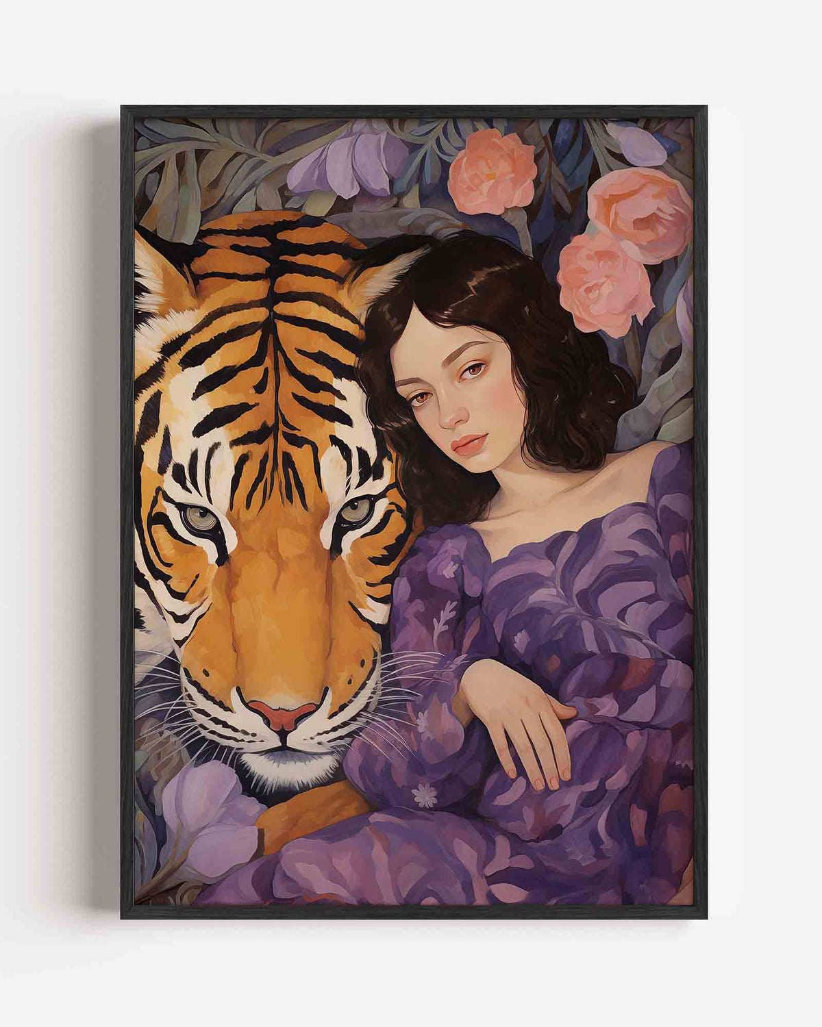 Tijger en vrouw – botanische portret poster als wanddecoratie