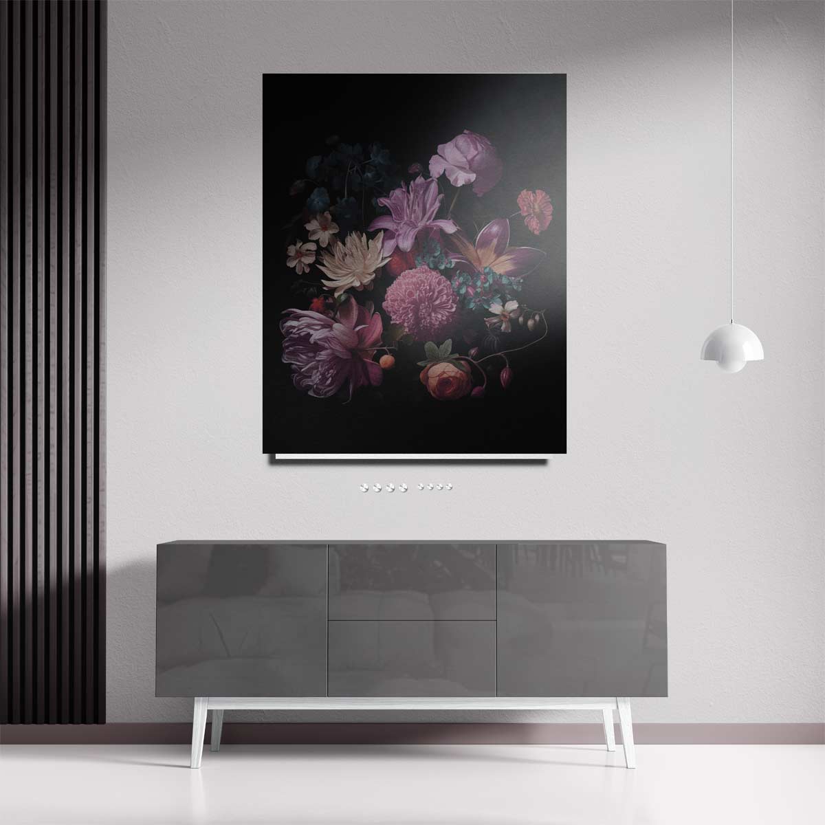 Bloemenexplosie in Donkere Zalen – staande wandkunst voor woonkamer of interieur