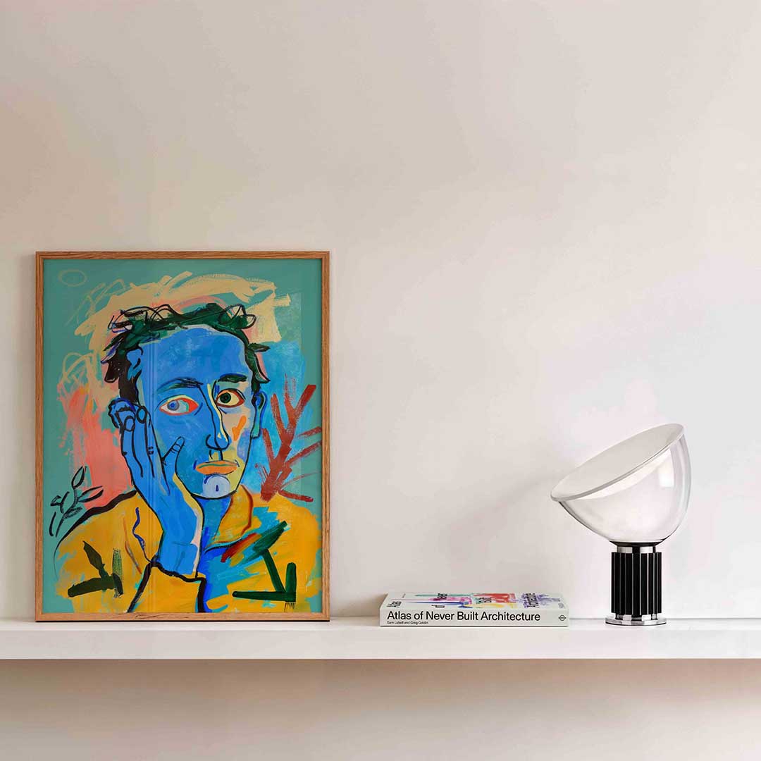 Blauw gezicht met hand – kleurrijke illustratie als portret poster