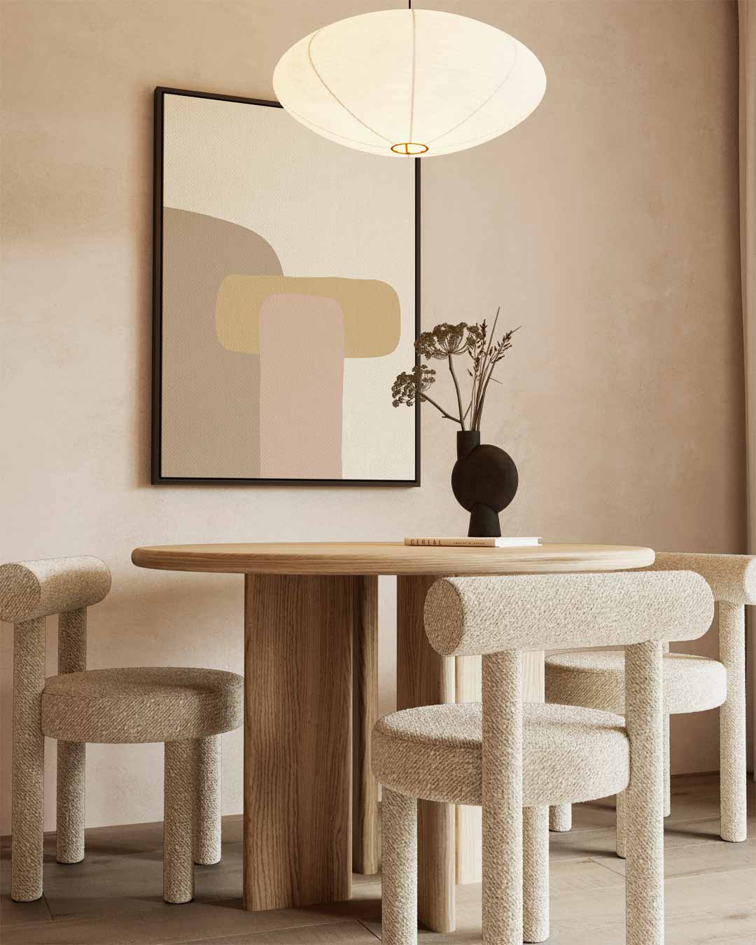 Abstracte Vormen in Beige – kunstwerk met zwarte baklijst