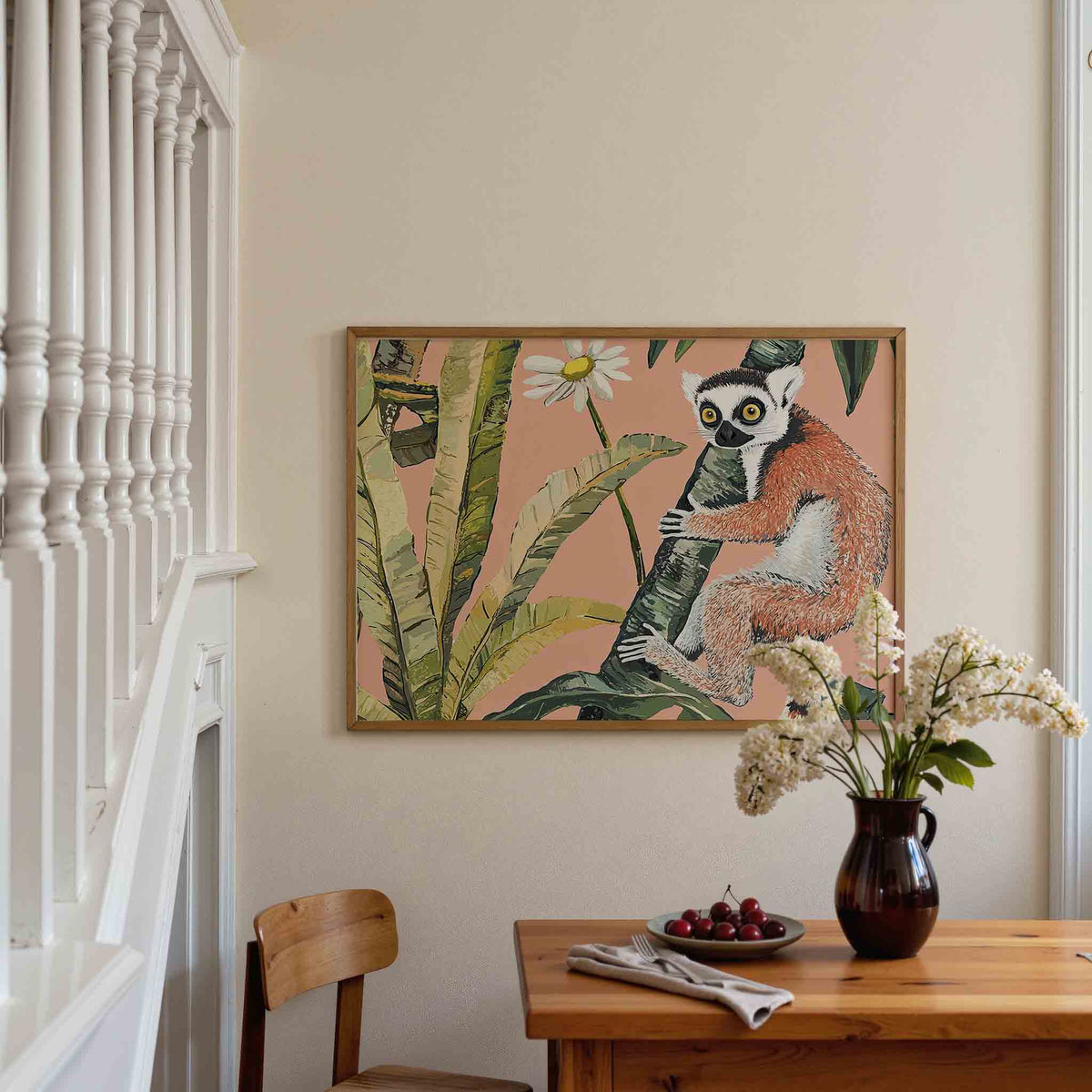 Lemur en bladeren – tropische poster in liggend formaat