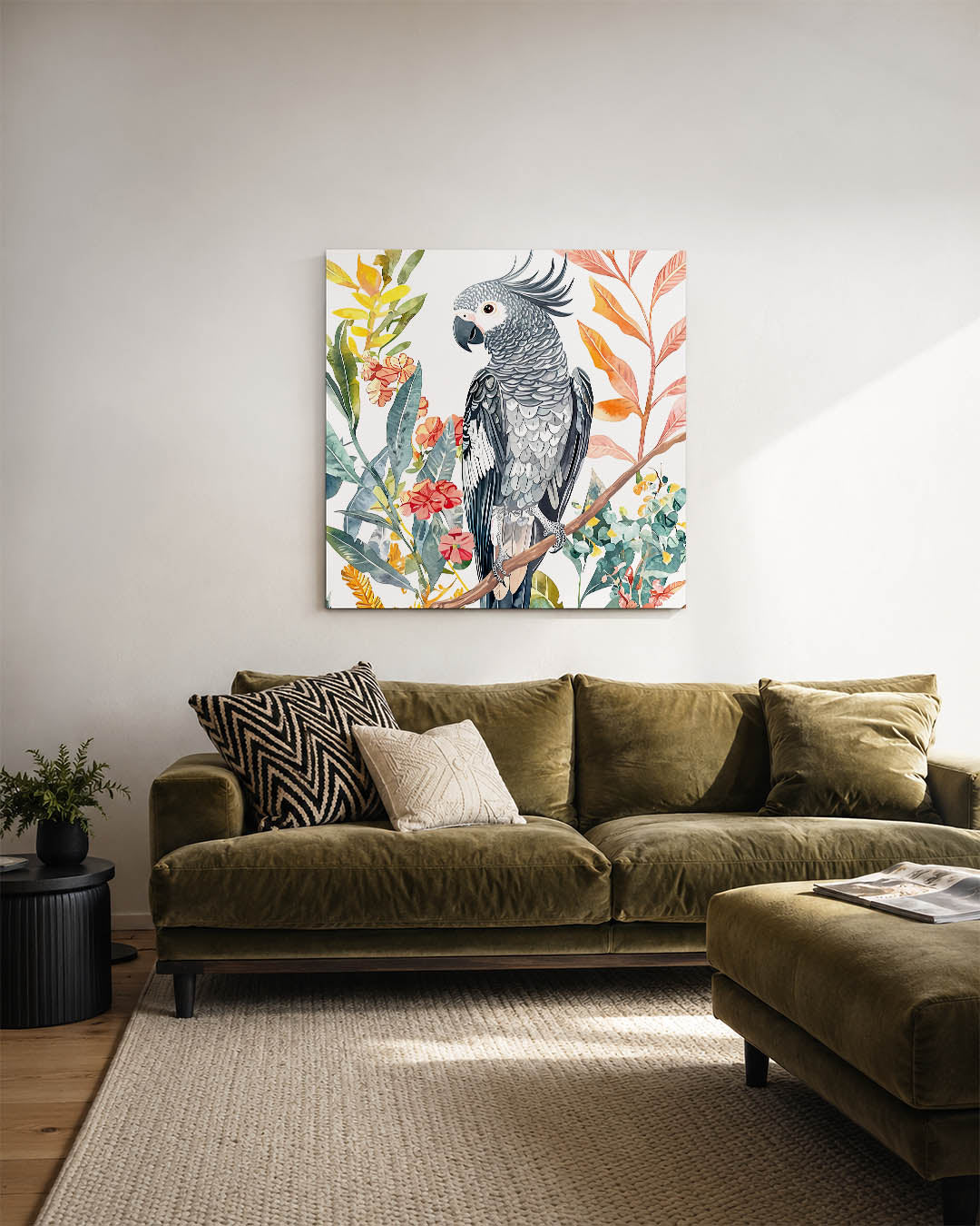 Vrolijke papegaai kunstwerk – sfeerbeeld – dit kunstwerk toont een gedetailleerde papegaai omringd door kleurrijke bladeren