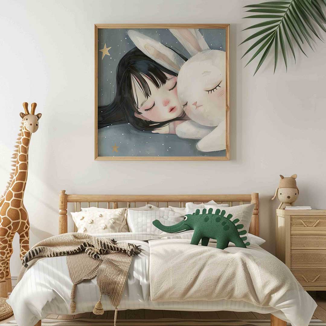 Slapend meisje en konijn – vierkante kinderkamer wanddecoratie van WallArtistic