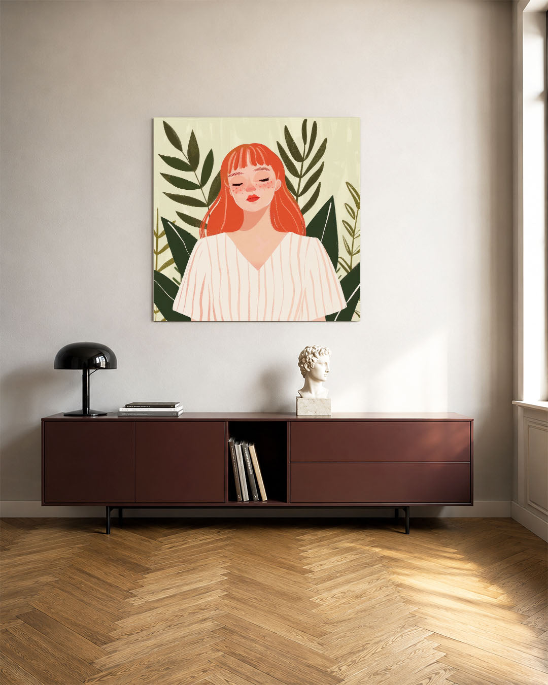 Vrouw met bladeren kunstwerk – tweede productweergave – dit werk toont een vrouw met gesloten ogen, omringd door groene
