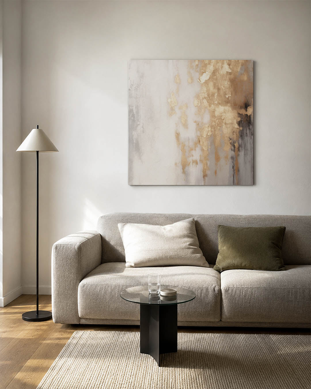 Organische vormen kunstwerk – vierkante wanddecoratie – dit werk toont een harmonie van vloeiende beige en grijze tinten met