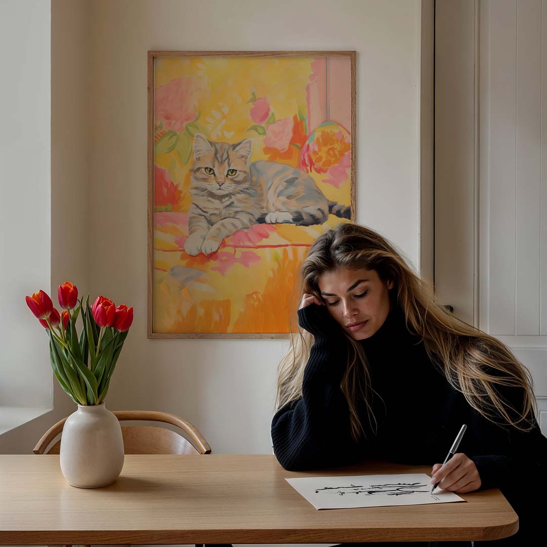 Vrolijke Kattenposter met Bloemen – bloemen poster in staand formaat