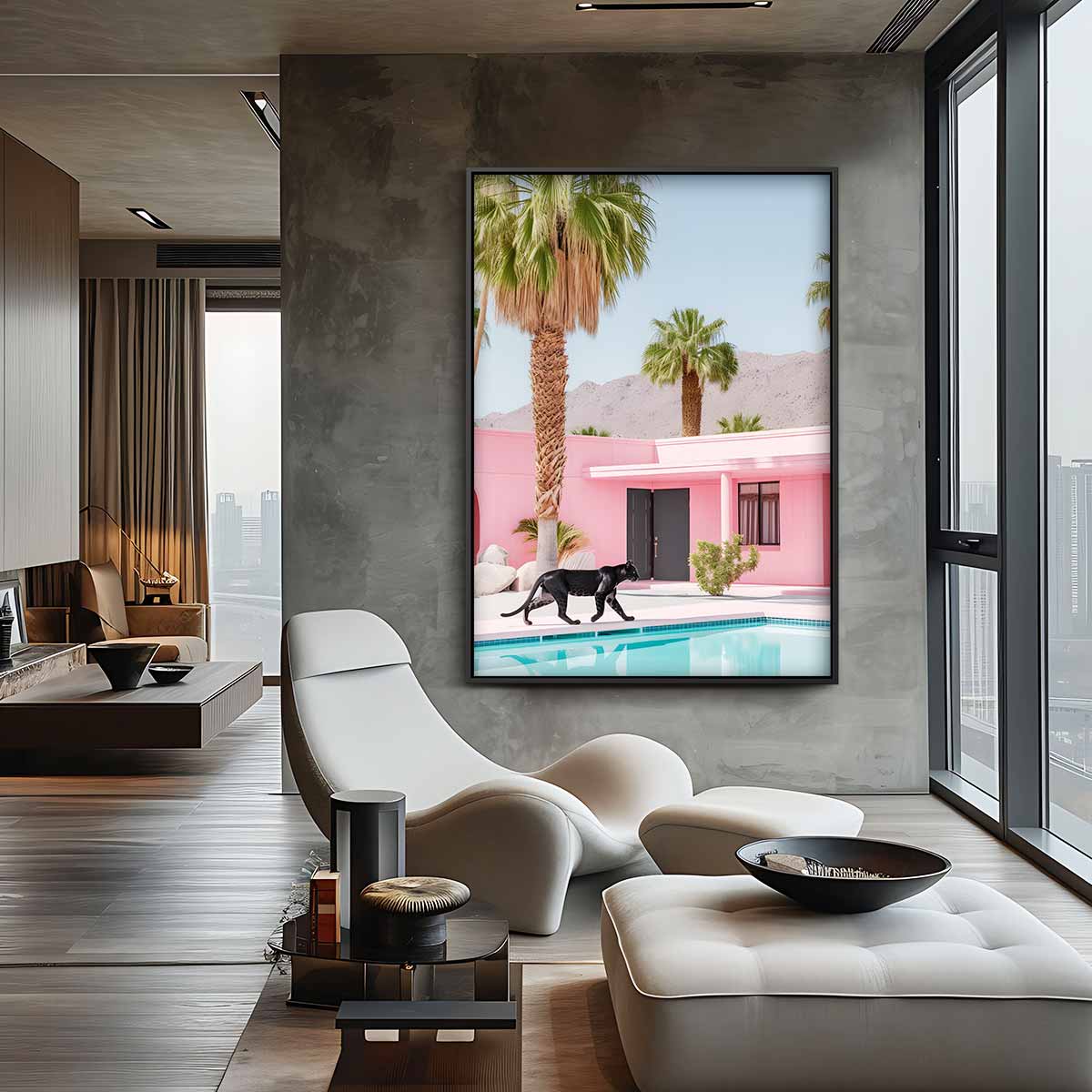 Zwervende Panter bij Roze Oase – staande wandkunst voor woonkamer of interieur