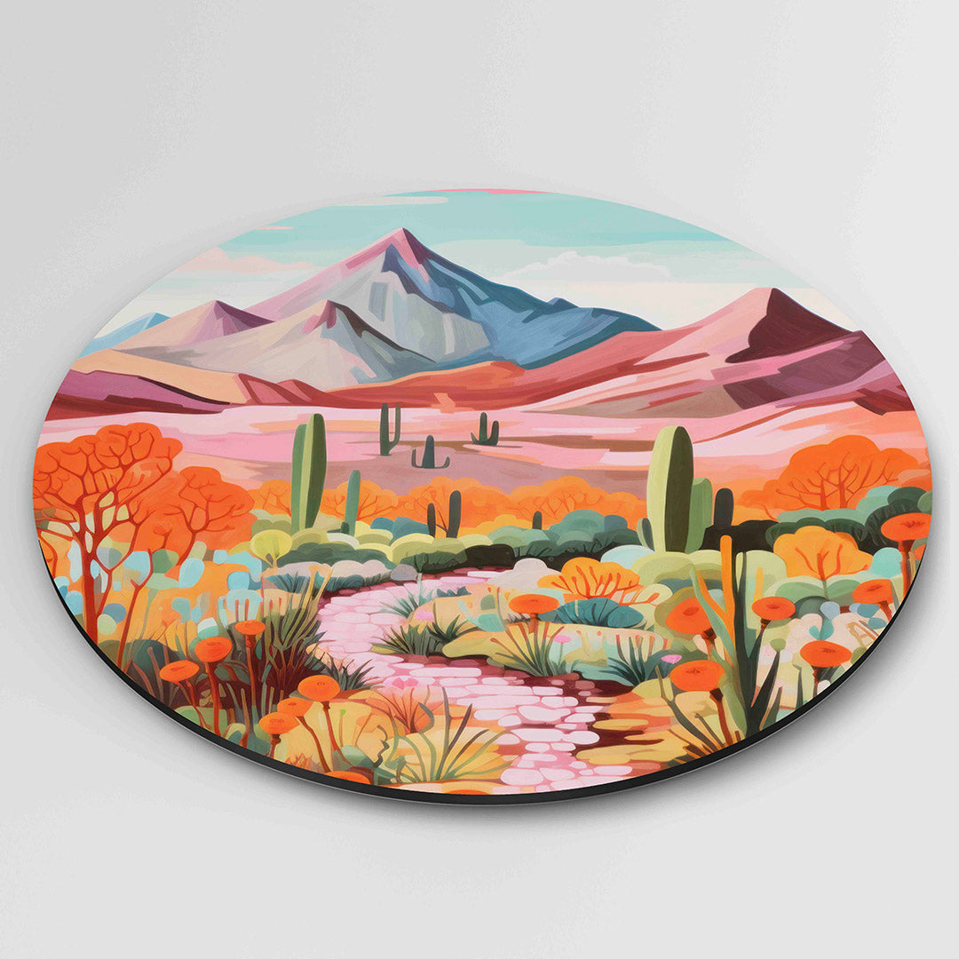 Berglandschap met cactussen – ronde wanddecoratie met abstract ontwerp
