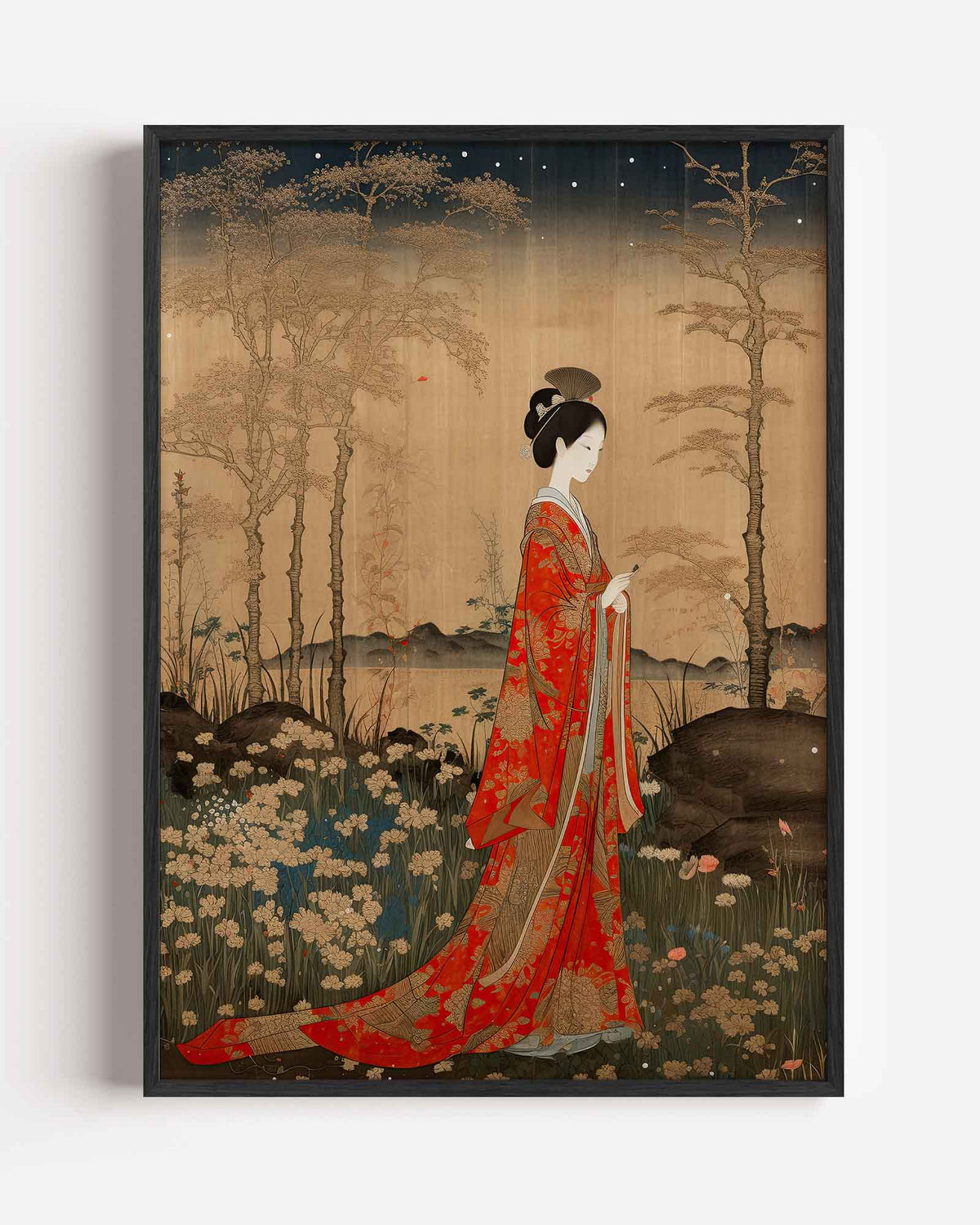 Vrouw in rode kimono – Aziatische portret poster als wanddecoratie