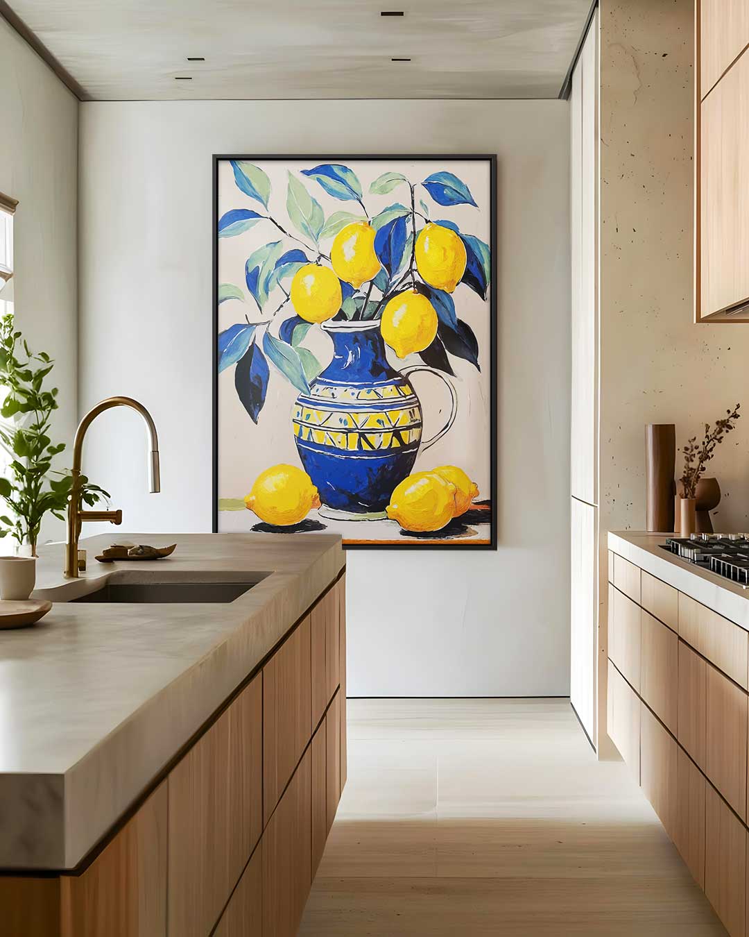 Citroenvaas met Levendige Bladeren – staand kunstwerk voor modern interieur