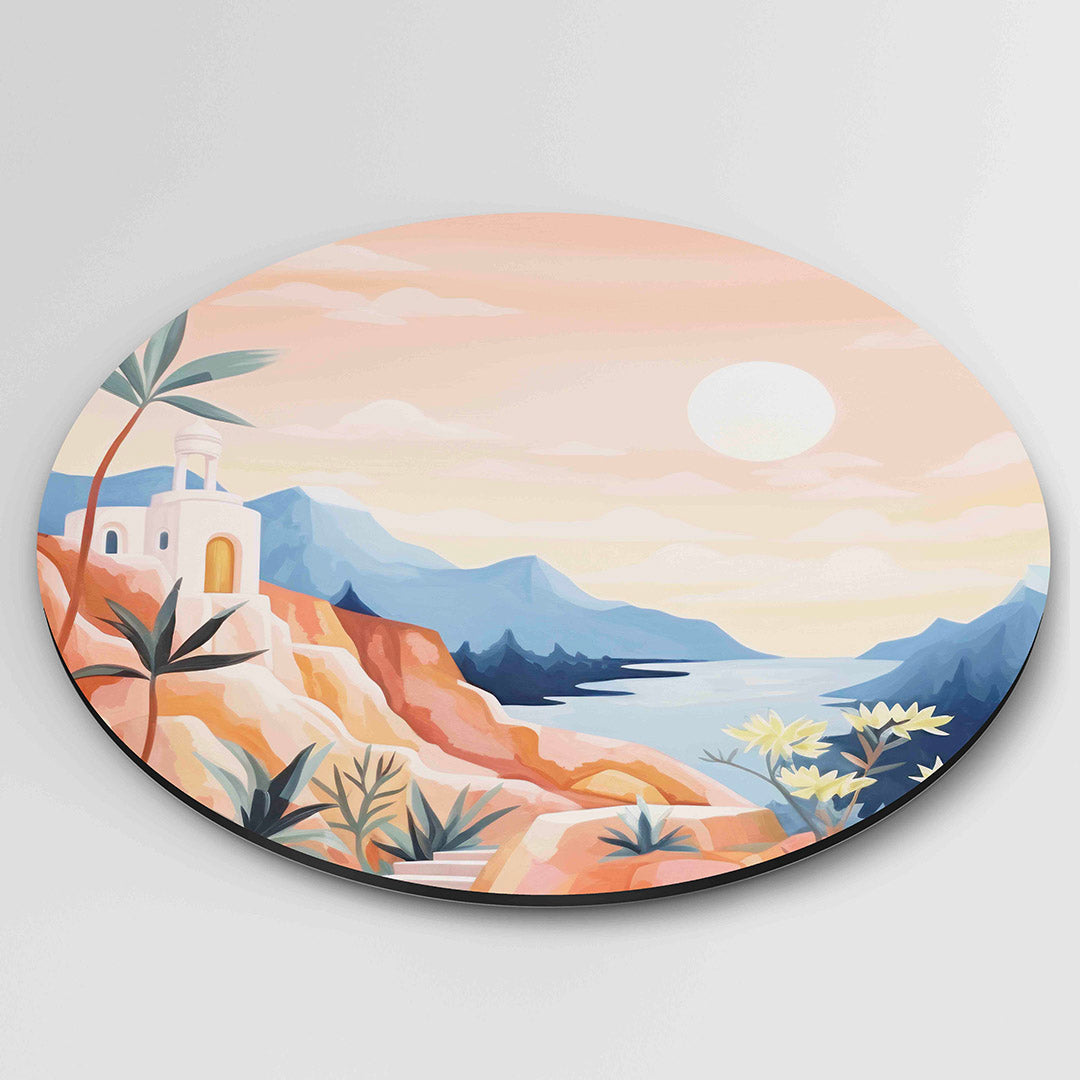 Landschap met zee en bergen – ronde wanddecoratie met abstract ontwerp