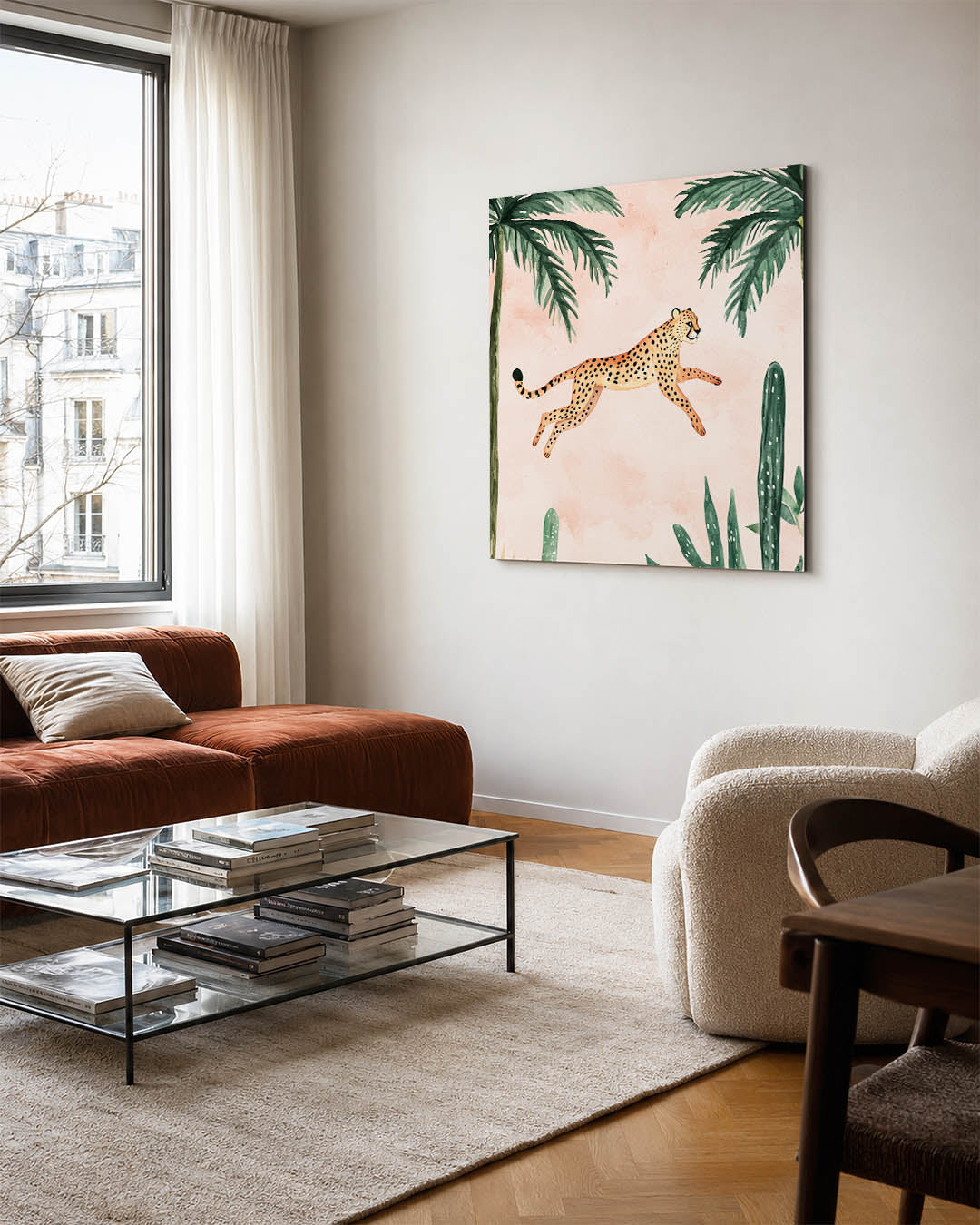 Springende luipaard kunstwerk – vierkante wanddecoratie – dit kunstwerk toont een luipaard dat sierlijk door een tropisch