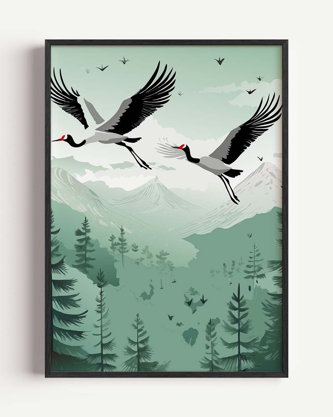 Zwevende Kraanvogels in Berglandschap – dieren portret poster als wanddecoratie