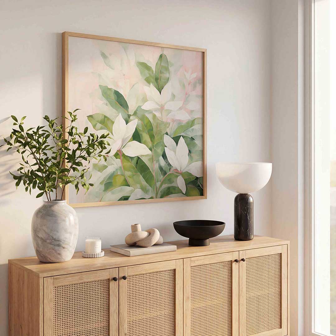 Witte bloemen en groene bladeren – illustratie poster in vierkant formaat