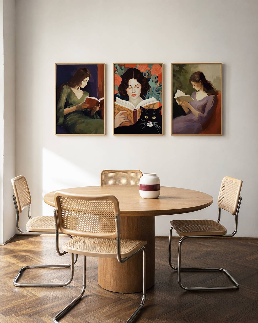 Lezende vrouw driedelige posterset in interieur