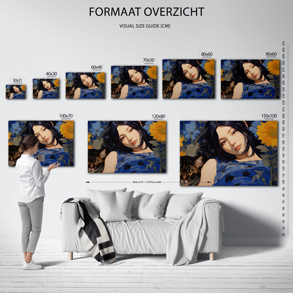 Vrouw en kat met bloemen – liggende muurposter met vrouwelijk portret