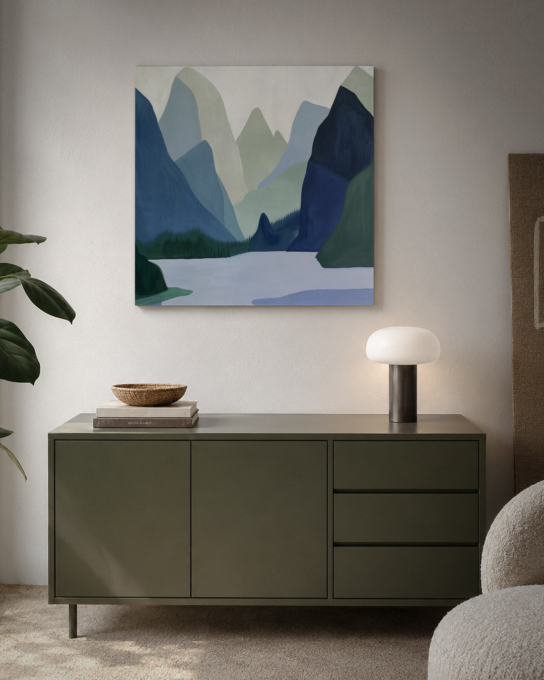 Serene berglandschap kunstwerk – detailweergave – dit werk toont een rustig berglandschap met zachte lijnen en vloeiende
