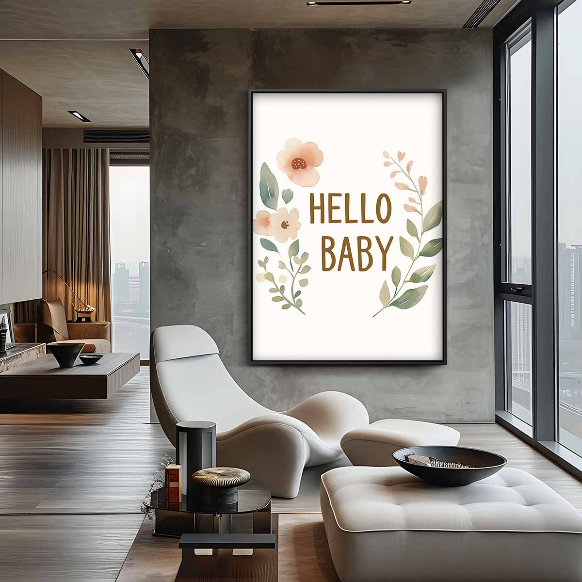 Hello Baby Bloemenprint – canvas wanddecoratie in portret formaat