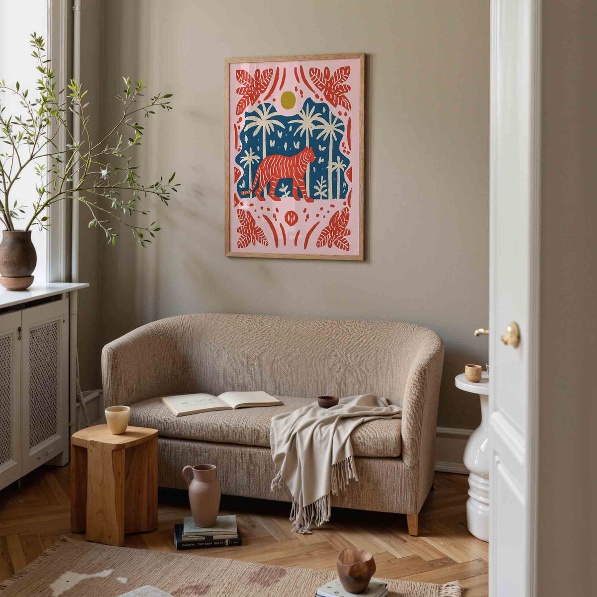 Tijger en palmbomen – botanische poster in staand formaat