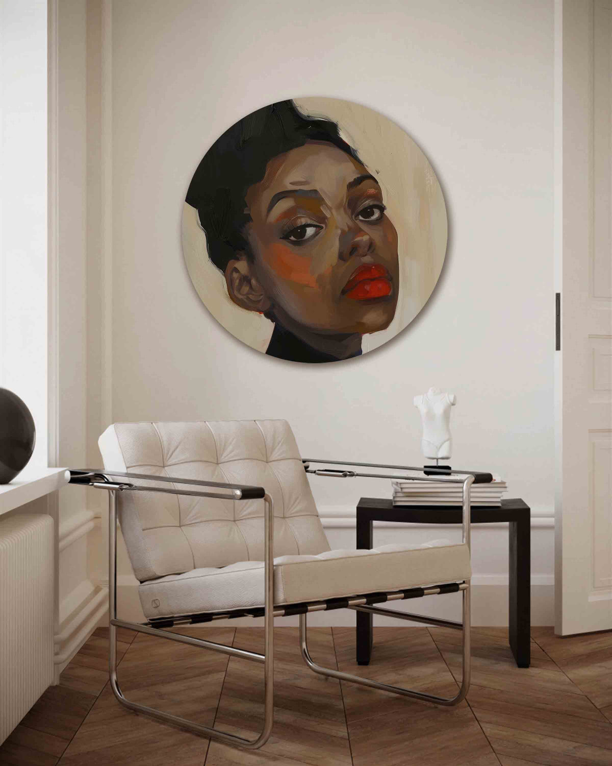 Portret met rode lippen – kleurrijke muurcirkel als ronde wanddecoratie