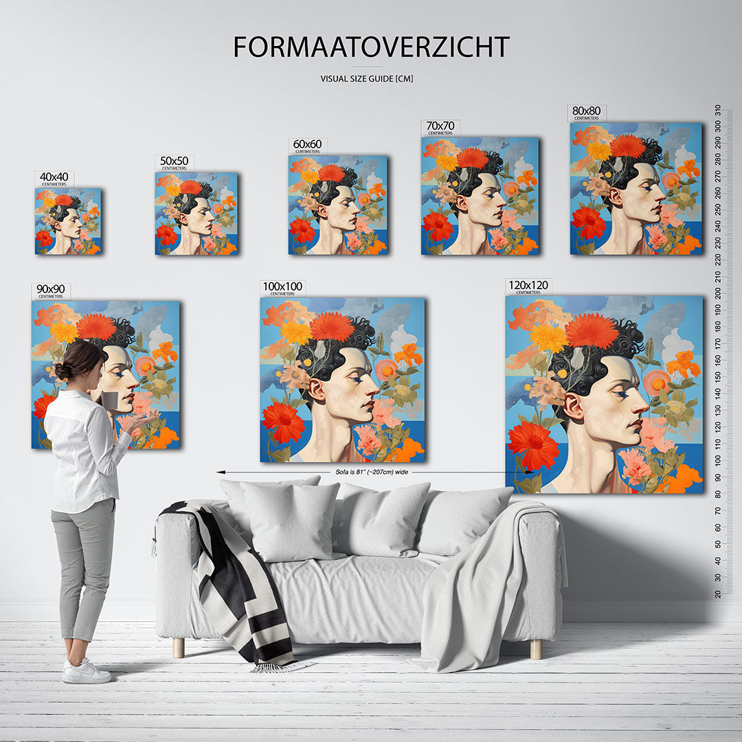 Bloemrijke portret kunstwerk – sfeerbeeld – dit kunstwerk toont een zijaanzicht van een gezicht omringd door kleurrijke