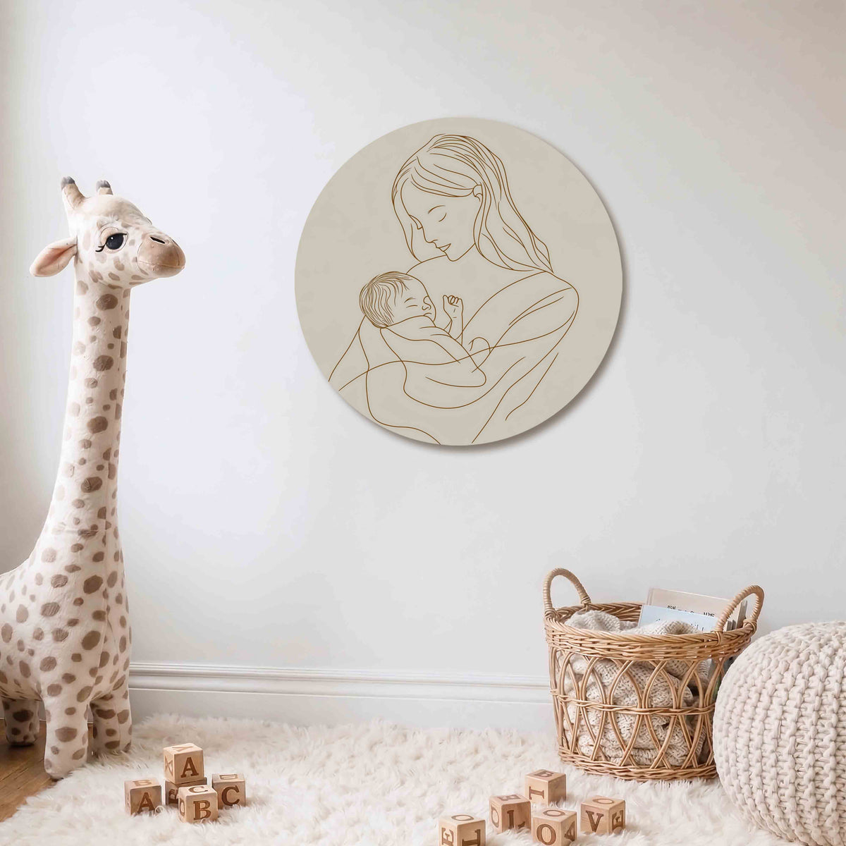 Moeder en kind Muurcirkel – Een lijntekening van een moeder die een baby vasthoudt in zachte beige tinten.