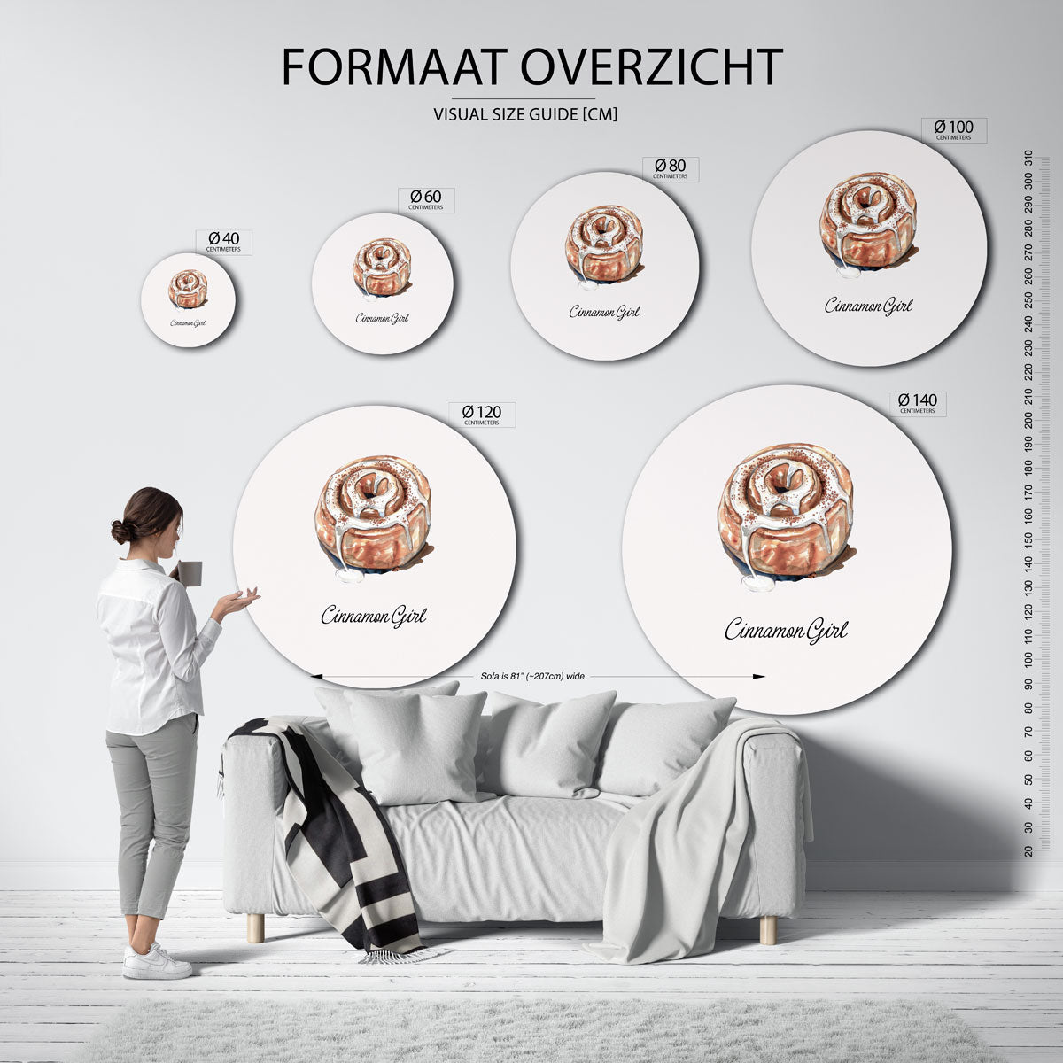 Kaneelbroodje – geïllustreerde wandkunst als moderne muurcirkel