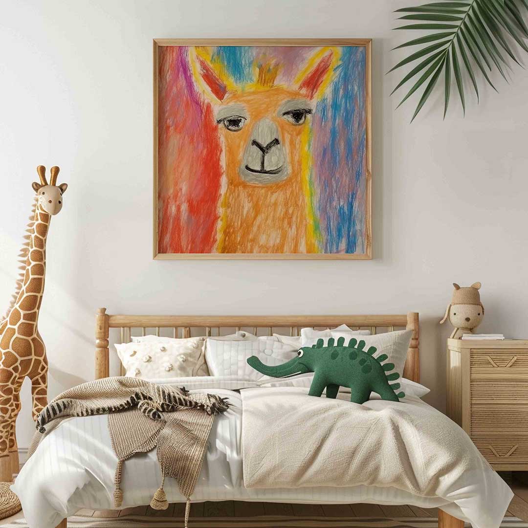 Lama met kleurrijke achtergrond – vierkante kinderkamer wanddecoratie van WallArtistic